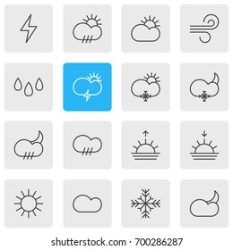 Vector Illustration Of 16 Sky Icons. Editable Pack Of Sunrise, Snow, Cloud And Other Elements.