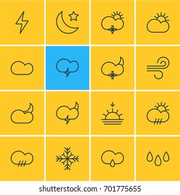 Vector Illustration Of 16 Sky Icons. Editable Pack Of Cloudy, Sunny, Rain And Other Elements.