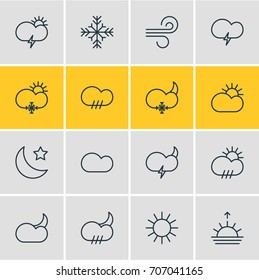 Vector Illustration Of 16 Sky Icons. Editable Pack Of Rain, Breeze, Moon Month And Other Elements.