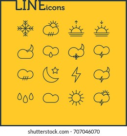 Vector Illustration Of 16 Sky Icons. Editable Pack Of Fulminant, Lightning, Sunlight And Other Elements.