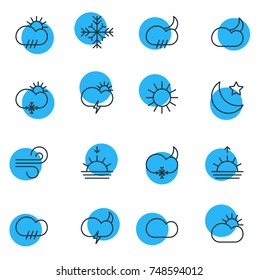 Vector Illustration Of 16 Sky Icons. Editable Pack Of Windstorm, Sunny, Sunrise And Other Elements.