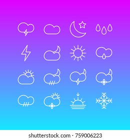 Vector Illustration Of 16 Sky Outline Icons. Editable Set Of Weather, Drip, Lightning And Other Elements.
