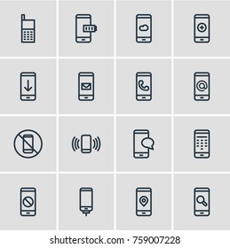 Vector Illustration Of 16 Smartphone Outline Icons. Editable Set Of Magnifier, Plus, Location And Other Elements.