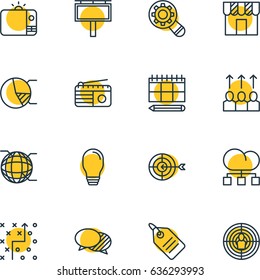 Vector Illustration Of 16 Social Icons. Editable Pack Of Analysis, Shop, Discussing And Other Elements.