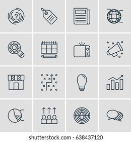 Vector Illustration Of 16 Social Icons. Editable Pack Of Tactical Plan, Advancement, Daily Press And Other Elements.