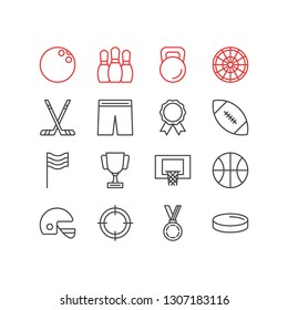 Vector illustration of 16 sport icons line style. Editable set of reward, target, kettlebell and other icon elements.