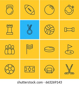 Vector Illustration Of 16 Sport Icons. Editable Pack Of Hockey, Touchdown, Bowling And Other Elements.