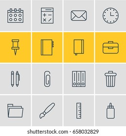 Vector Illustration Of 16 Stationery Icons. Editable Pack Of Copybook, Pencil, Date And Other Elements.