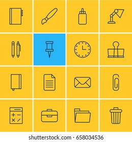 Vector Illustration Of 16 Stationery Icons. Editable Pack Of Calculate, Dossier, Portfolio And Other Elements.