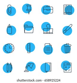 Vector Illustration Of 16 Stationery Icons. Editable Pack Of Binder Clip, Pencil, Watch And Other Elements.