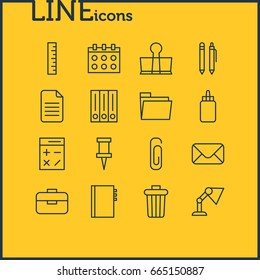 Vector Illustration Of 16 Stationery Icons. Editable Pack Of Illuminator, Paperclip, Pushpin And Other Elements.