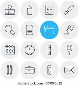 Vector Illustration Of 16 Stationery Icons. Editable Pack Of Watch, Meter, Pencil And Other Elements.