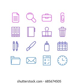 Vector Illustration Of 16 Stationery Icons. Editable Pack Of Folder, Pencil, Dossier And Other Elements.