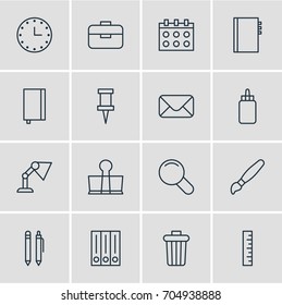 Vector Illustration Of 16 Stationery Icons. Editable Pack Of Garbage Container, Binder Clip, Zoom And Other Elements.
