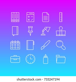 Vector Illustration Of 16 Stationery Icons. Editable Pack Of Dossier, Calculate, Watch And Other Elements.