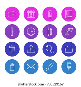 Vector illustration of 16 stationery icons line style. Editable set of dossier, portfolio, pencil and other elements.
