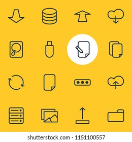 Vector illustration of 16 storage icons line style. Editable set of push, download, hard drive disk and other icon elements.