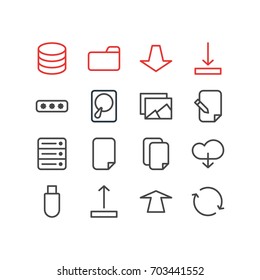 Vector Illustration Of 16 Storage Icons. Editable Pack Of File, Documents, Database And Other Elements.