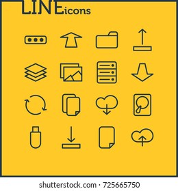 Vector Illustration Of 16 Storage Icons. Editable Pack Of File, Layer, Download And Other Elements.