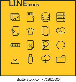 Vector Illustration Of 16 Storage Outline Icons. Editable Set Of Agreement, Download, Gallery And Other Elements.