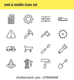 Vector Illustration Of 16 Structure Icons. Editable Pack Of Turn Screw, Handcart, Hatchet Elements.