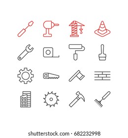 Vector Illustration Of 16 Structure Icons. Editable Pack Of Turn Screw, Apartment, Hacksaw And Other Elements.