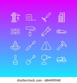 Vector Illustration Of 16 Structure Icons. Editable Pack Of Barrier, Measure Tape, Harrow And Other Elements.