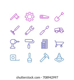 Vector Illustration Of 16 Structure Icons. Editable Pack Of Handcart, Spade, Cogwheel Elements.