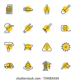 Vector Illustration Of 16 Structure Outline Icons. Editable Set Of Measure Tape, Apartment, Lifting And Other Elements.