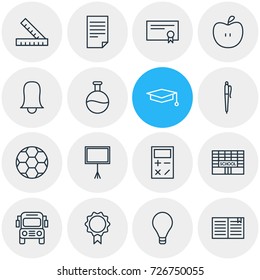 Vector Illustration Of 16 Studies Icons. Editable Pack Of Calculate, Cap, Textbook And Other Elements.