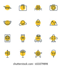 Vector Illustration Of 16 Summer Icons. Editable Pack Of Sweets, Umbrella, Melon And Other Elements.