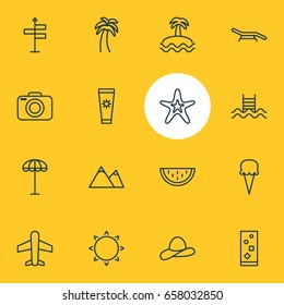 Vector Illustration Of 16 Summer Icons. Editable Pack Of Cocktail, Sorbet, Airplane And Other Elements.