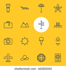 Vector Illustration Of 16 Summer Icons. Editable Pack Of Earth, Sunny, Airplane And Other Elements.