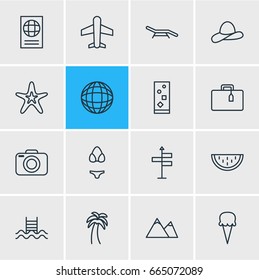 Vector Illustration Of 16 Summer Icons. Editable Pack Of Photo Apparatus, Airplane, Suitcase And Other Elements.