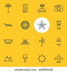 Vector Illustration Of 16 Summer Icons. Editable Pack Of Fish, Photo Apparatus, Sunny And Other Elements.