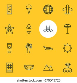Vector Illustration Of 16 Summer Icons. Editable Pack Of Umbrella, Palm, Earth And Other Elements.