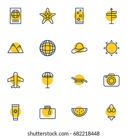 Vector Illustration Of 16 Summer Icons. Editable Pack Of Melon, Photo Apparatus, Umbrella And Other Elements.