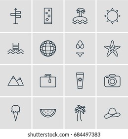 Vector Illustration Of 16 Summer Icons. Editable Pack Of Cap, Swimming, Photo Apparatus And Other Elements.