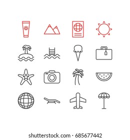 Vector Illustration Of 16 Summer Icons. Editable Pack Of Melon, Sorbet, Hill And Other Elements.
