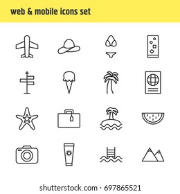 Vector Illustration Of 16 Summer Icons. Editable Pack Of Fish, Suitcase, Anti-Sun Cream And Other Elements.