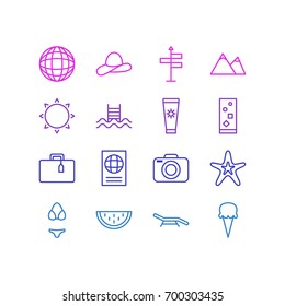 Vector Illustration Of 16 Summer Icons. Editable Pack Of Hill, Fish, Swimwear And Other Elements.