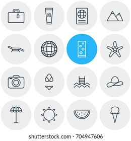 Vector Illustration Of 16 Summer Icons. Editable Pack Of Cocktail, Longue, Anti-Sun Cream And Other Elements.