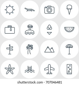 Vector Illustration Of 16 Summer Icons. Editable Pack Of Sunny, Swimwear, Hill And Other Elements.