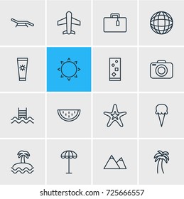 Vector Illustration Of 16 Summer Icons. Editable Pack Of Anti-Sun Cream, Hill, Airplane And Other Elements.