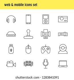 Vector illustration of 16 technology icons line style. Editable set of mouse, laptop, projector and other icon elements.