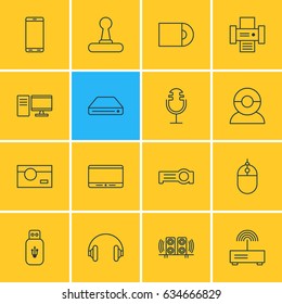 Vector Illustration Of 16 Technology Icons. Editable Pack Of Loudspeaker, Modem, Usb Card And Other Elements.