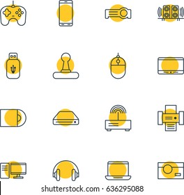 Vector Illustration Of 16 Technology Icons. Editable Pack Of Cursor Controller, Modem, Joypad And Other Elements.