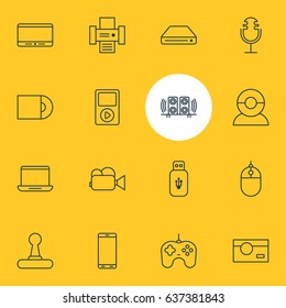 Vector Illustration Of 16 Technology Icons. Editable Pack Of Usb Card, Loudspeaker, Joypad And Other Elements.