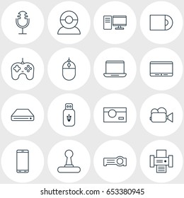 Vector Illustration Of 16 Technology Icons. Editable Pack Of Cursor Controller, Dvd Drive, Joypad And Other Elements.