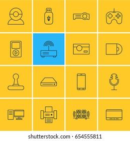 Vector Illustration Of 16 Technology Icons. Editable Pack Of Floodlight, Usb Card, Photocopier And Other Elements.